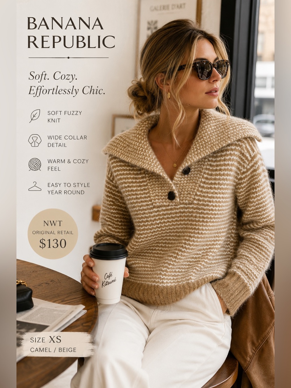 NWT Banana Republic Beige Camel Wide Collar Sweater XS Cozy Quiet Luxury